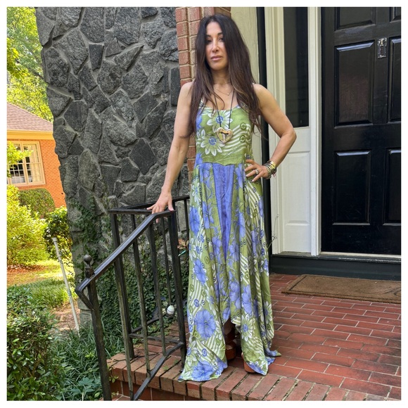 42 Boho Silk Blend One of Kind Print Sleeveless Asymmetrical Maxi Dress - Picture 6 of 8